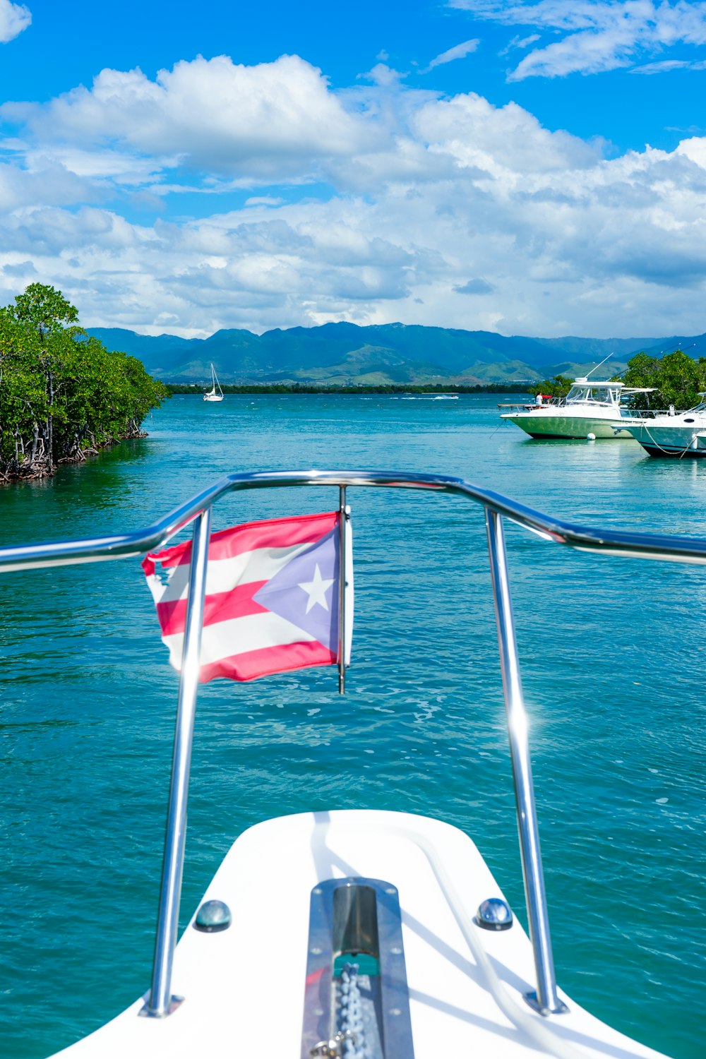 a flag on a boat in a body of water