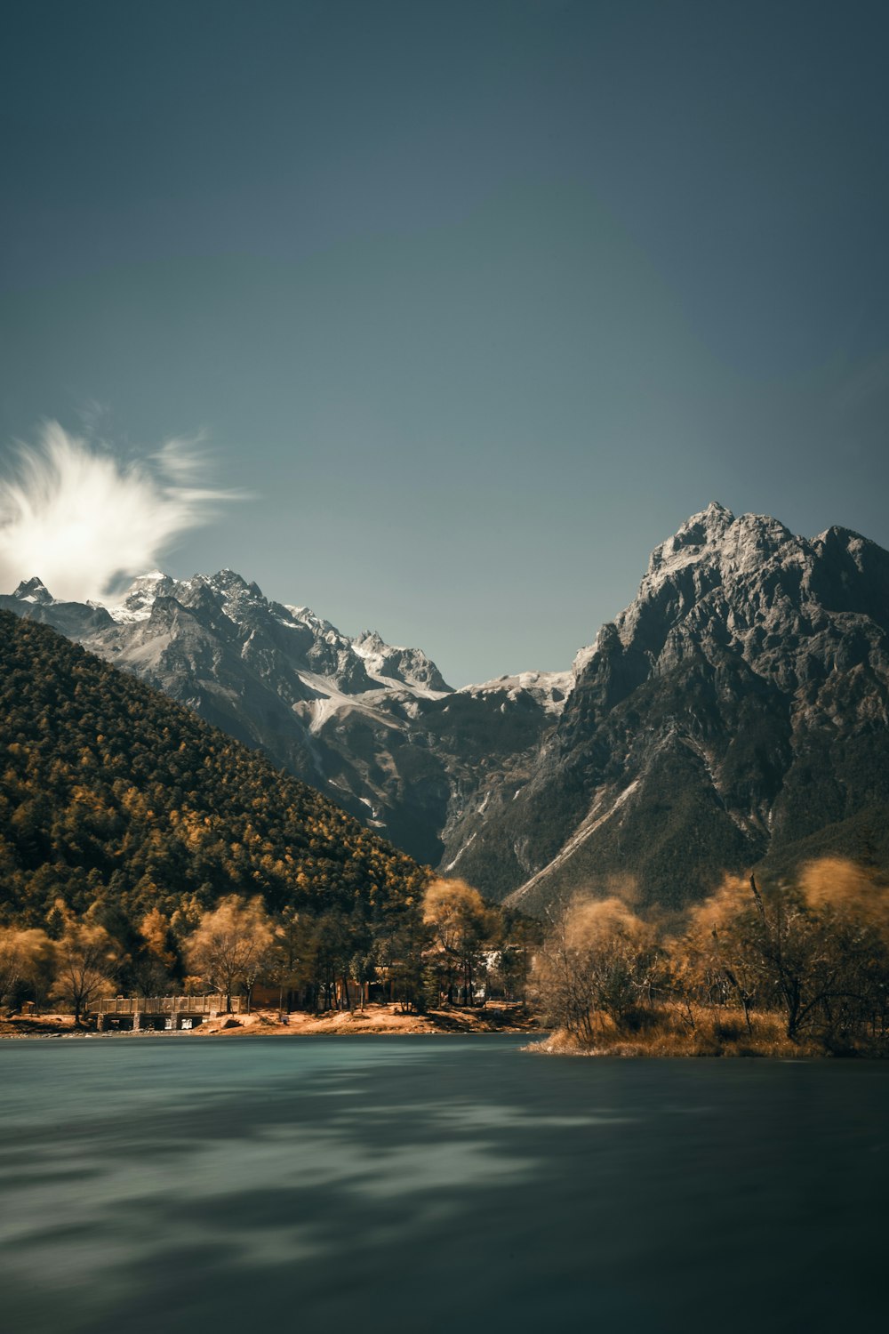 a mountain range with a lake in the foreground