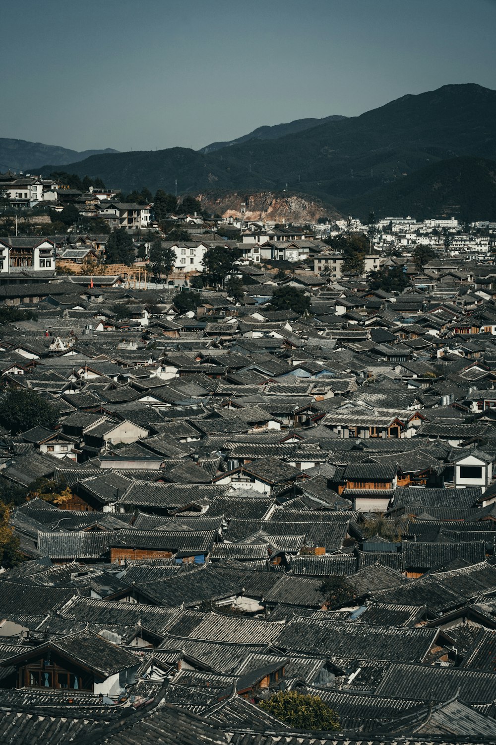 a large group of buildings with mountains in the background