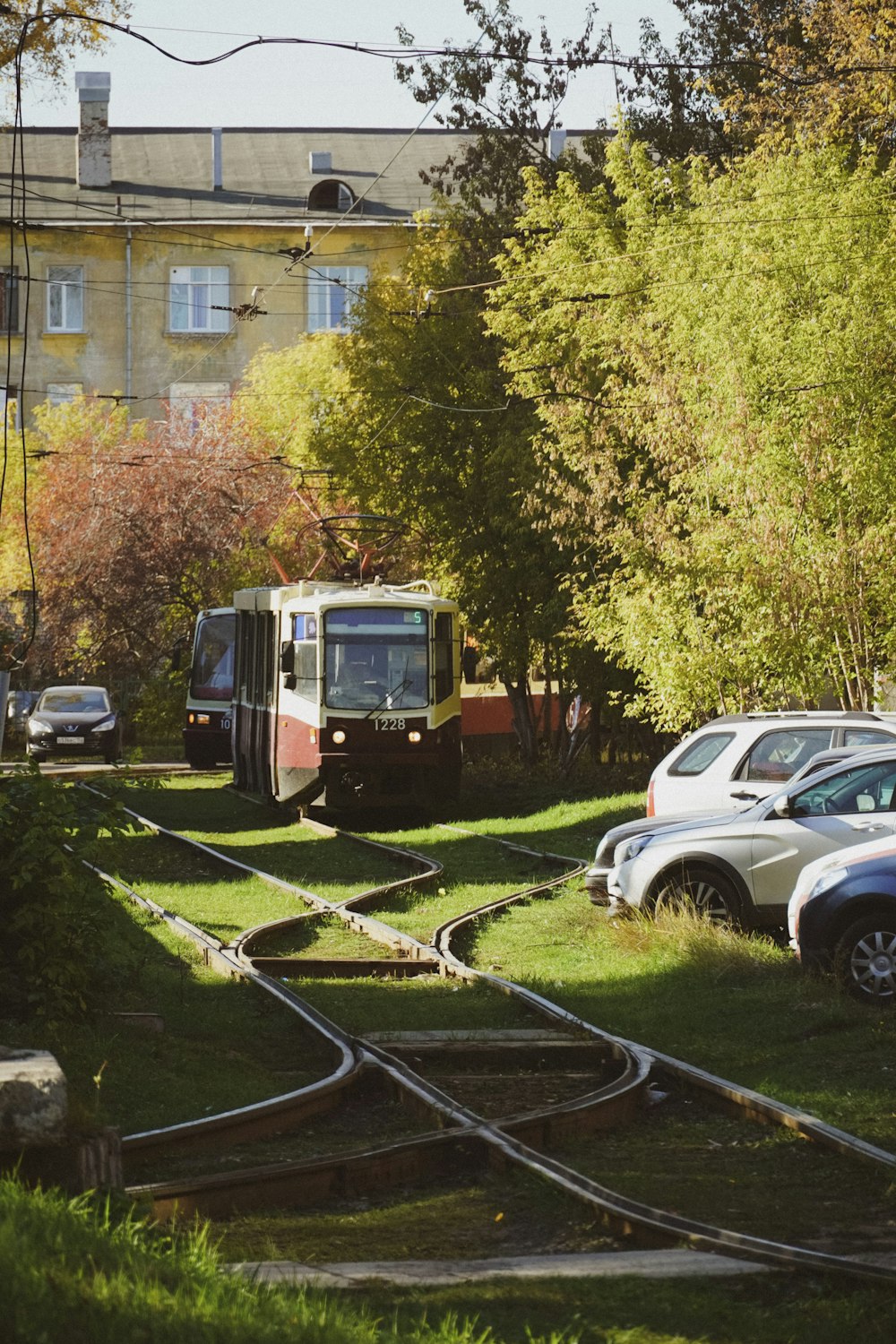 a train on a train track in the grass