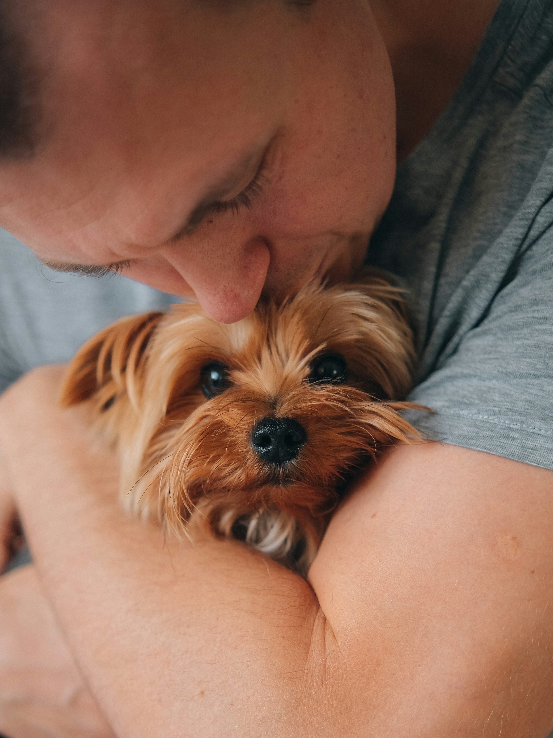 a man holding a small dog in his arms
