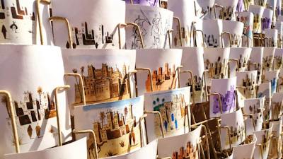 A vibrant display of traditional village paintings hung on rustic wooden walls.