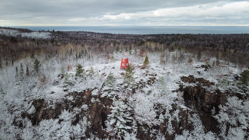 an aerial view of a forest with a red tower in the middle of it