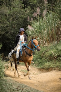 a man riding a horse down a dirt road