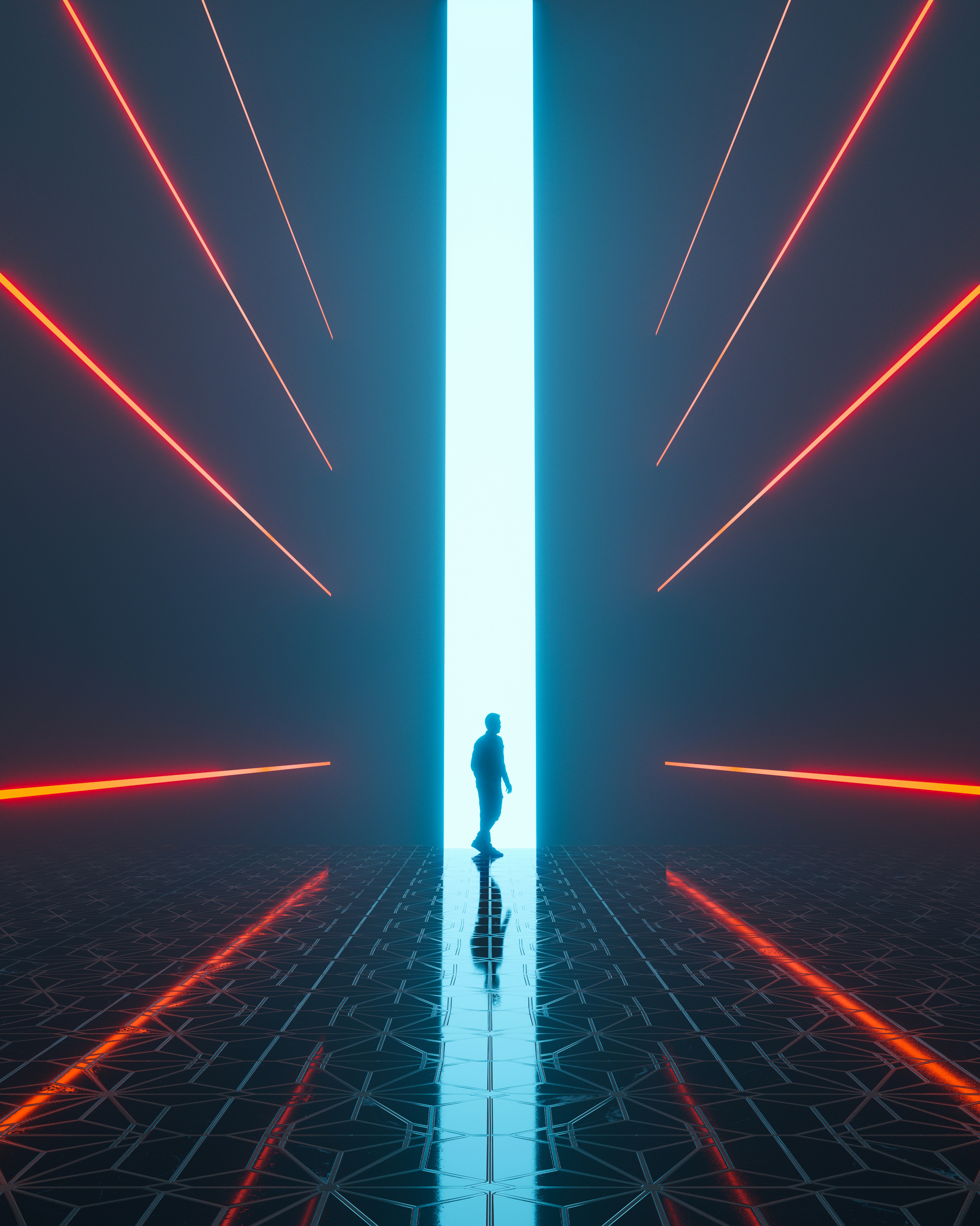 Decor - man silhoutte against matrix-like colored walls representing enterprise data management and MDM