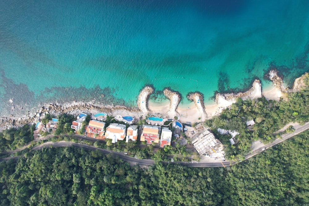 a bird's eye view of an aerial view of a beach