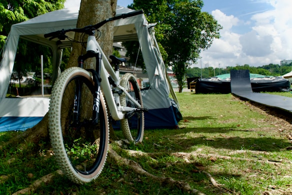 A mountain bike with large tires is leaning against a tree. Nearby, there is a blue and white tent. In the background, there's a BMX-style ramp on a grassy area, surrounded by trees and a partly cloudy sky.