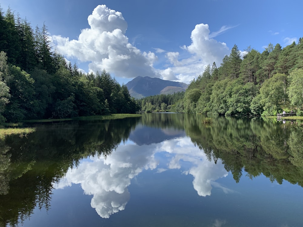 uno specchio d'acqua circondato da alberi e nuvole