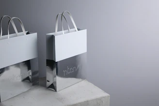 two bags sitting on top of a cement block