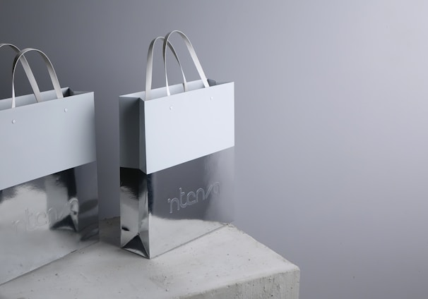 two bags sitting on top of a cement block