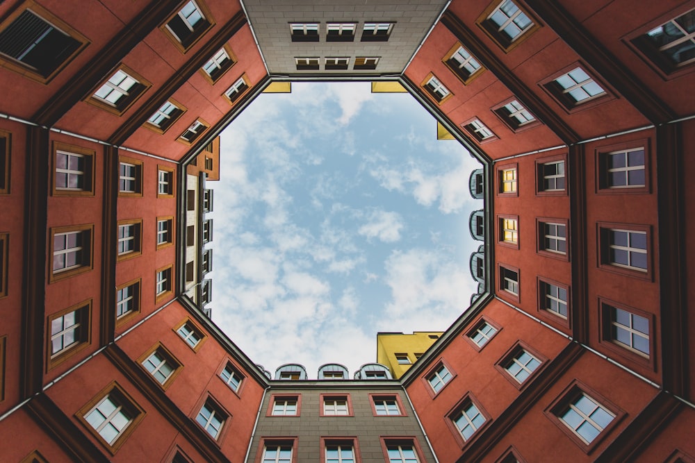 a view looking up at a building from the ground