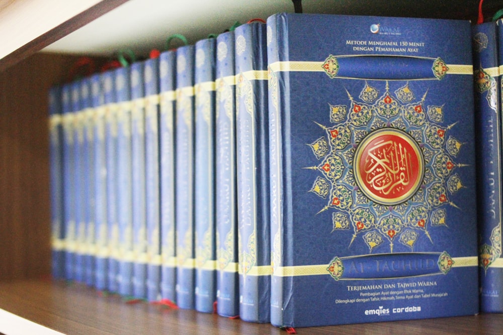 a row of blue books on a shelf