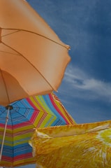 Two colorful beach umbrellas side by side on a lively shoreline.