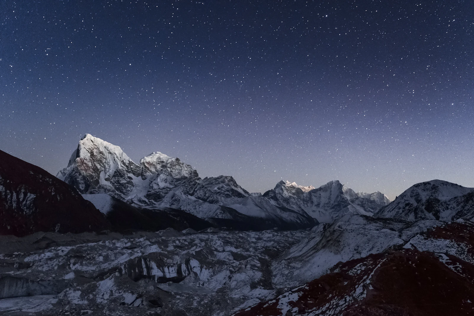 Starlit night over the Khumbu glacier and high peaks above Everest Base Camp, Nepal