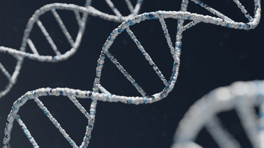 Illustration of a white and blue DNA double helix against a dark background