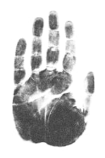 A monochrome handprint with distinct fingerprint patterns visible on each finger. The print appears to be made with black ink on a white background, showing clear details of the palm and finger lines.