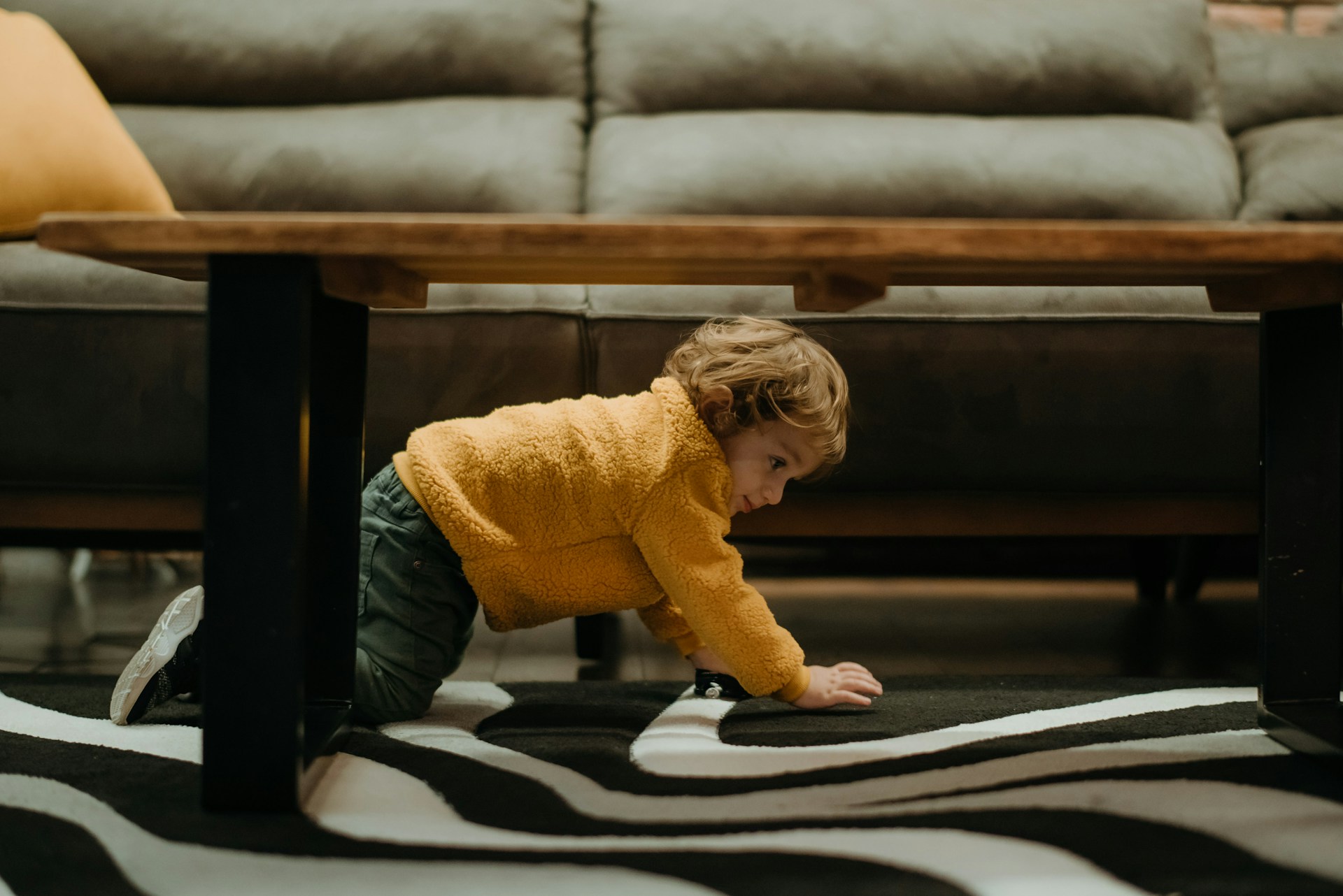 a toddler crawling under a table on a zebra rug