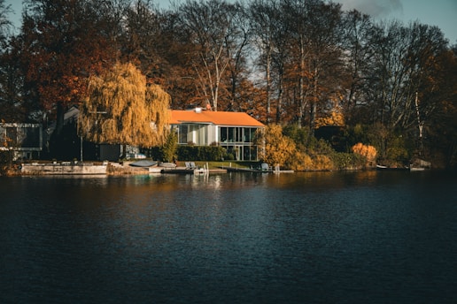 a house on a lake surrounded by trees
