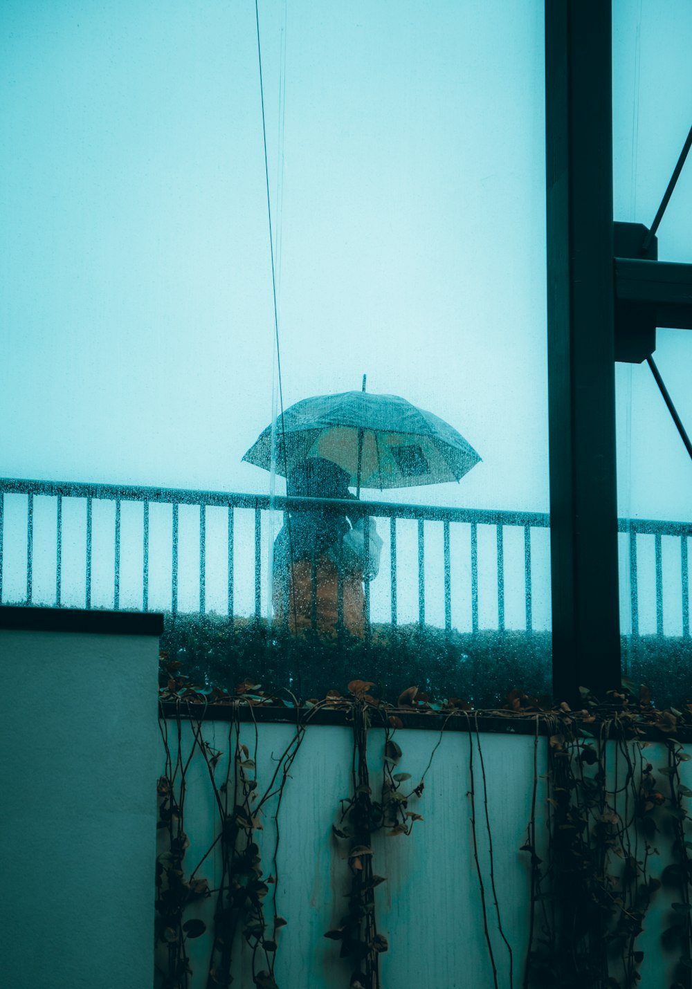 a person with an umbrella standing on a balcony