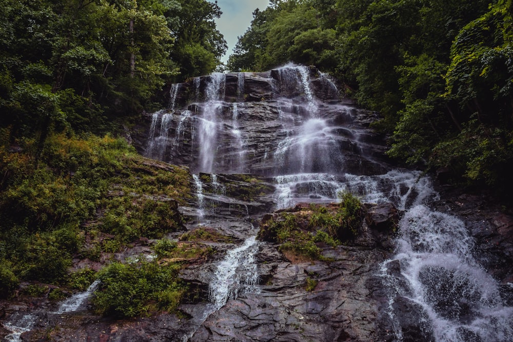 a waterfall in the middle of a forest