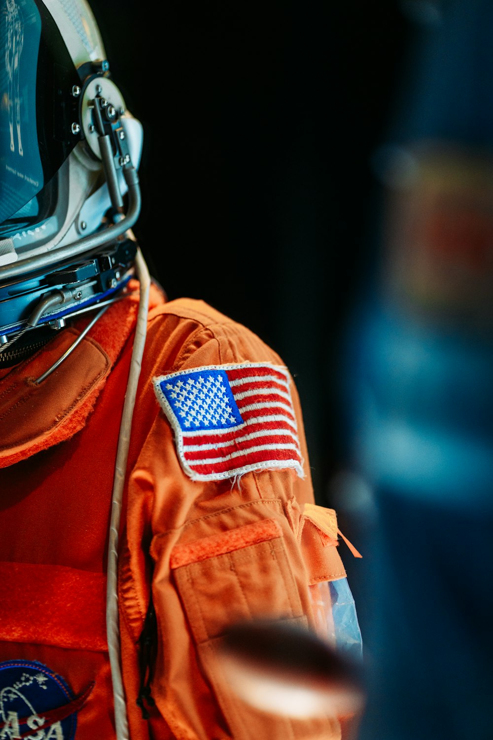 a close up of a space suit with an american flag on it