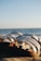 A pair of stylish sandals resting on a sandy beach with gentle waves in the background.