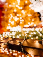 Close-up of flexible LED rope lights twisted around a porch railing, shining bright.