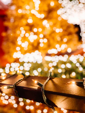 Close-up of twinkling Christmas lights wrapped around a porch railing with a snowy backdrop.