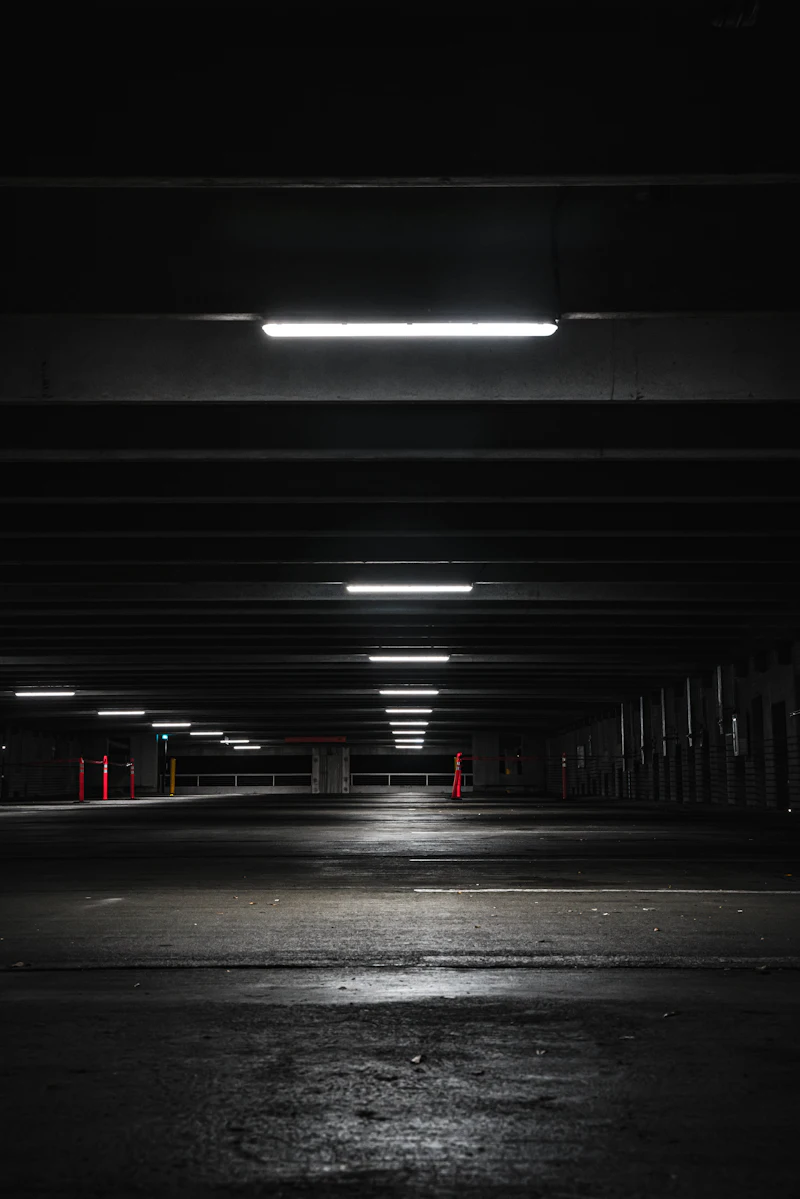 Multi-storey car park lit at night