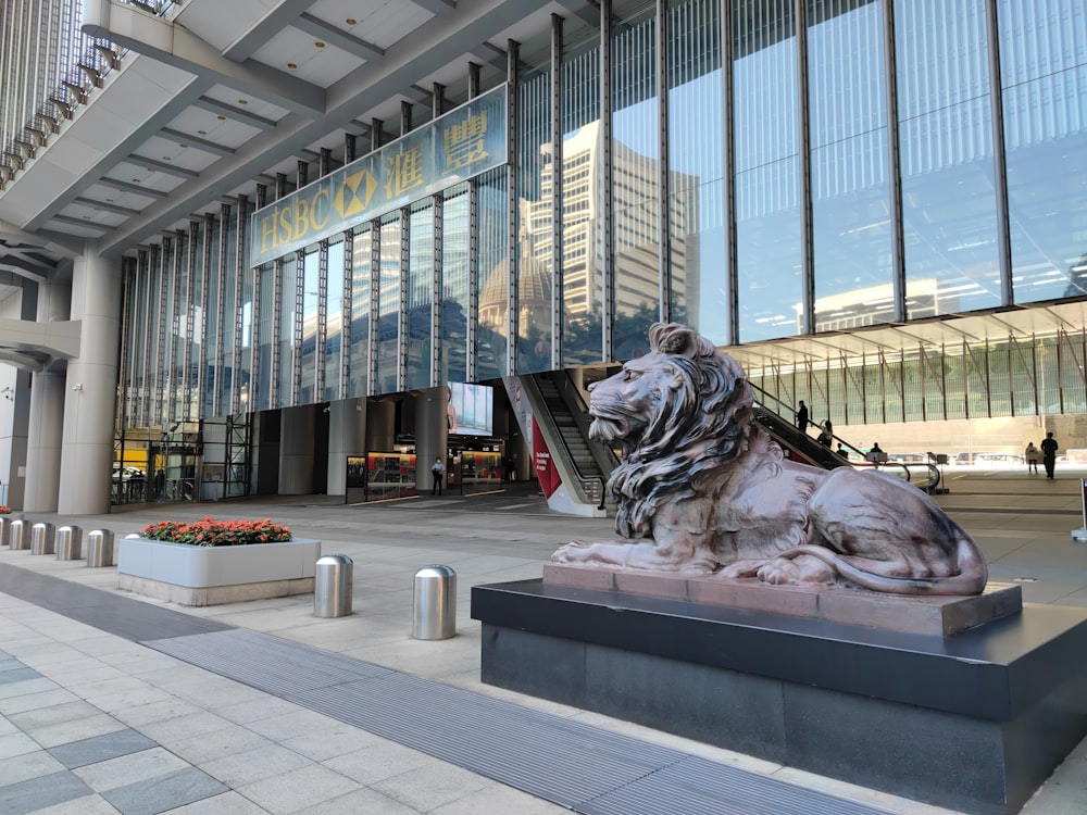 una statua di un leone di fronte a un edificio