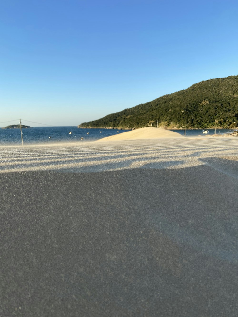 a sandy beach with a hill in the background