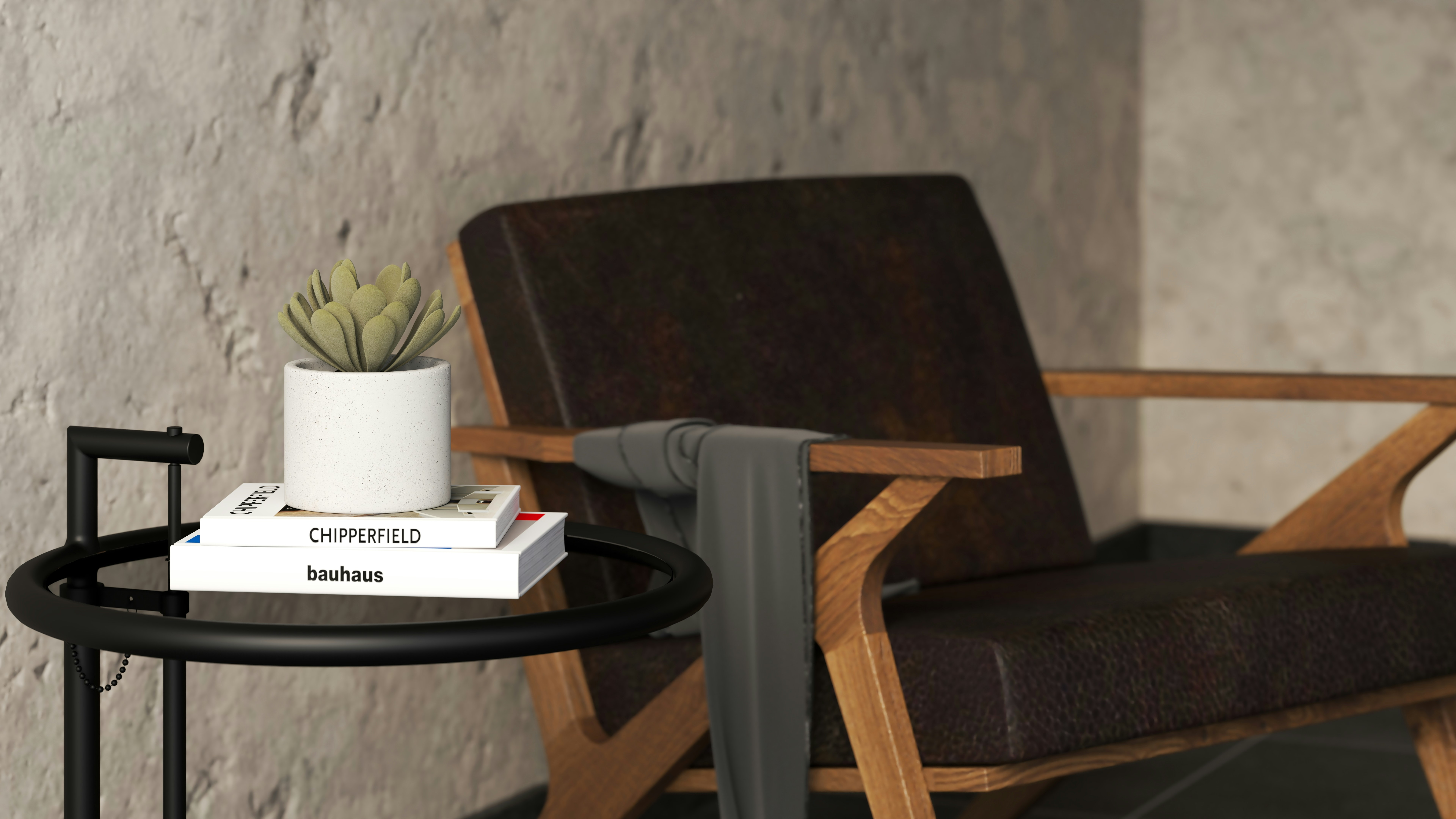 a chair and a table with a plant on it