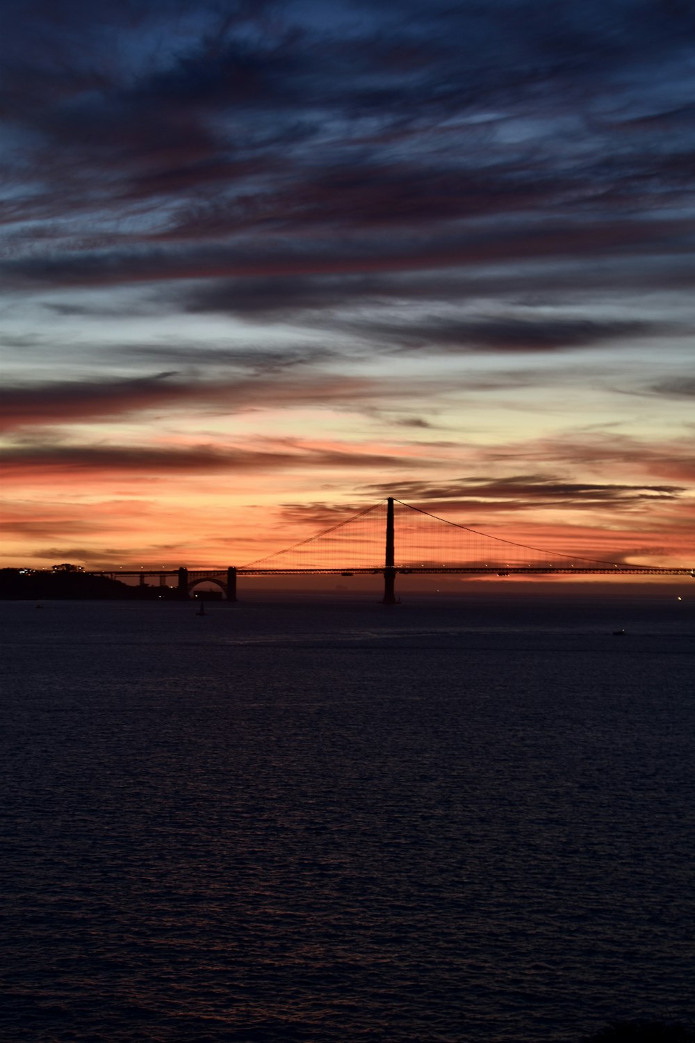 the sun is setting over the ocean with a bridge in the distance