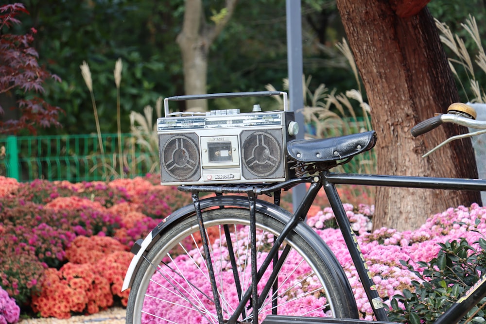 a pink flower with a bicycle