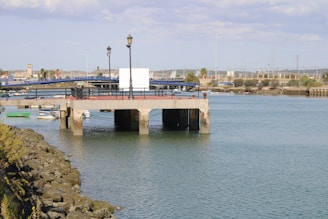 A waterfront area with a concrete pier extending over the water. Several boats can be seen floating nearby. There are street lamps on the pier and a white rectangular structure, possibly a sign or screen. The pier overlooks a shoreline with buildings, palm trees, and a rugged, rocky embankment in the foreground.