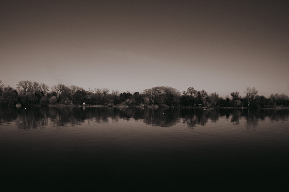 a black and white photo of a lake