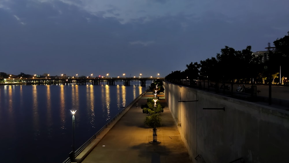 a night view of a river with a bridge in the background