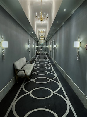 An elegant carpet displayed in a stylish hallway.