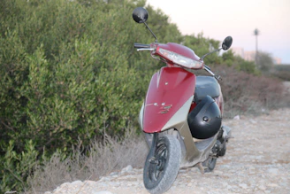 A red and silver scooter is parked on a rough, rocky path surrounded by dense green foliage. The scooter's sleek design features a pair of side mirrors and a front headlight.