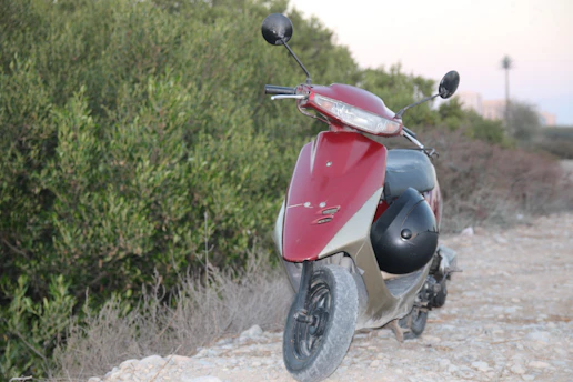 A red and silver scooter is parked on a rough, rocky path surrounded by dense green foliage. The scooter's sleek design features a pair of side mirrors and a front headlight.