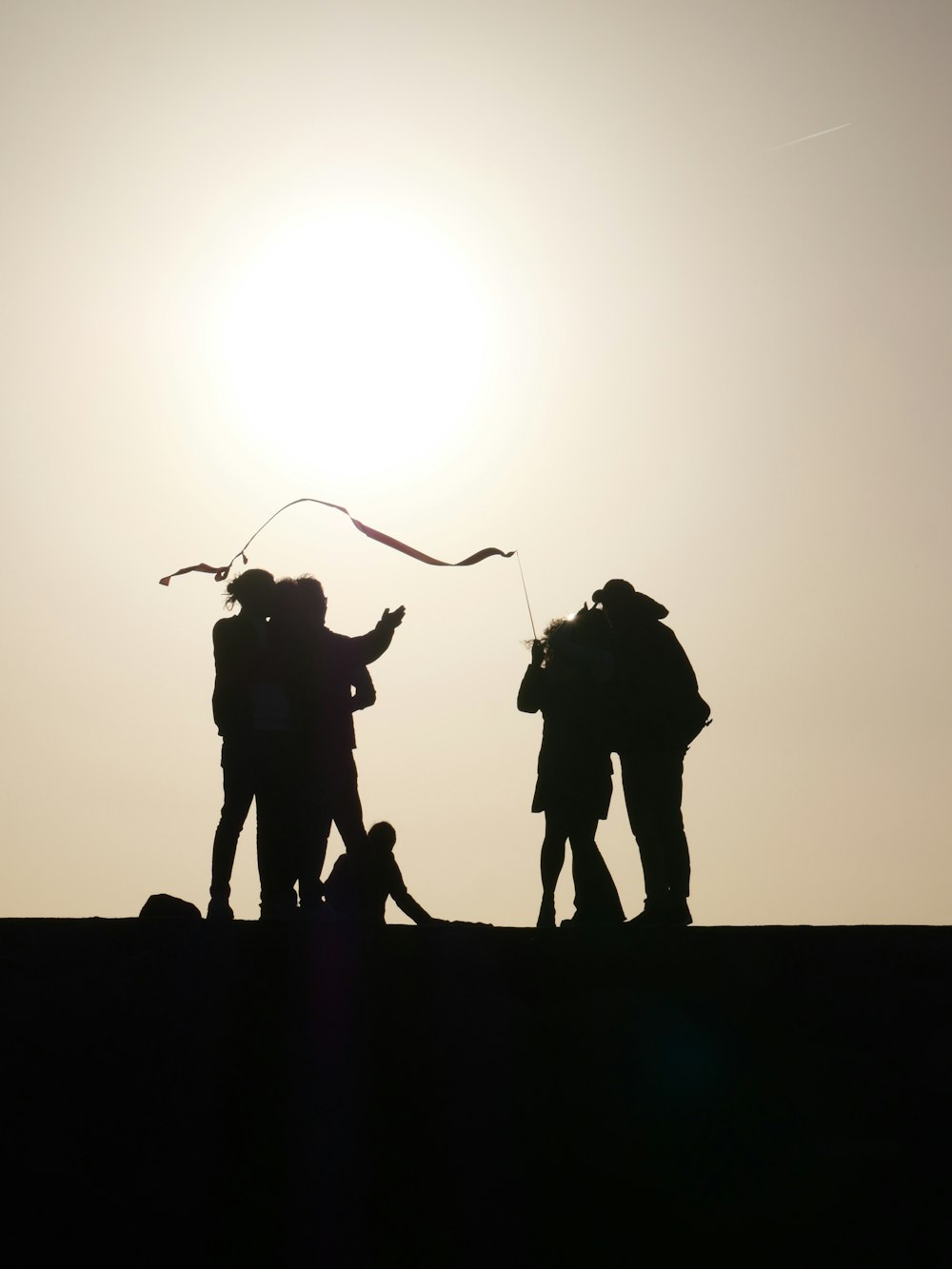 a group of people standing on top of a hill flying a kite