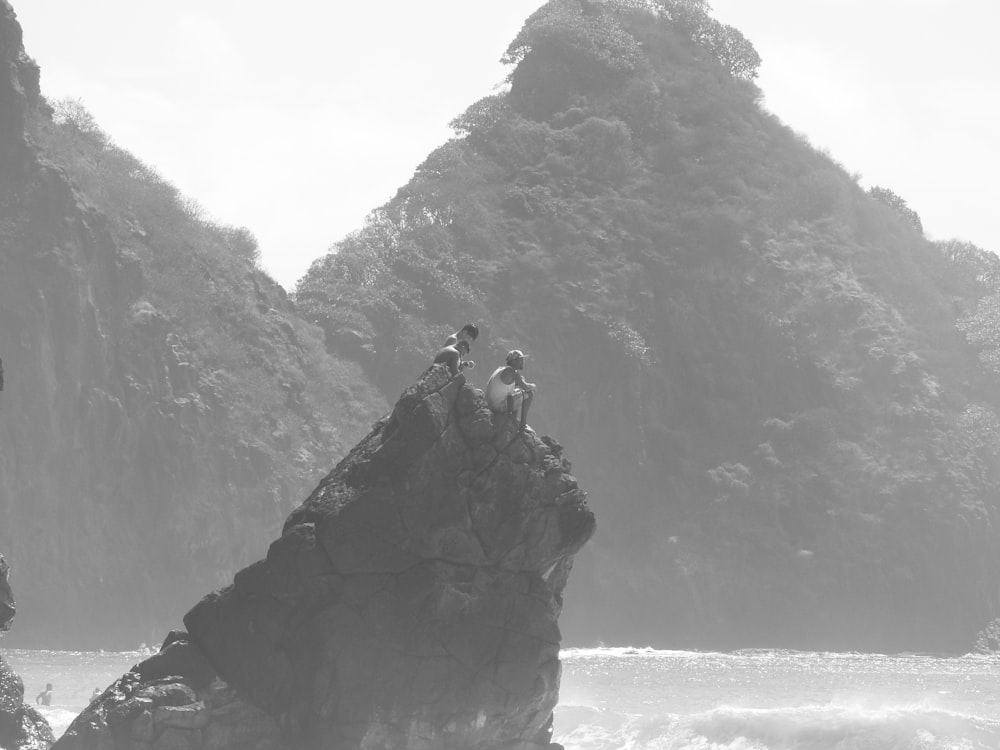 a group of people standing on top of a rock near the ocean