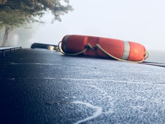 A bright orange life preserver with white reflective strips rests on a flat, frosty surface, likely the roof of a vehicle. The background shows a misty environment with tree branches extending from the left side, creating a serene and somewhat mysterious atmosphere.