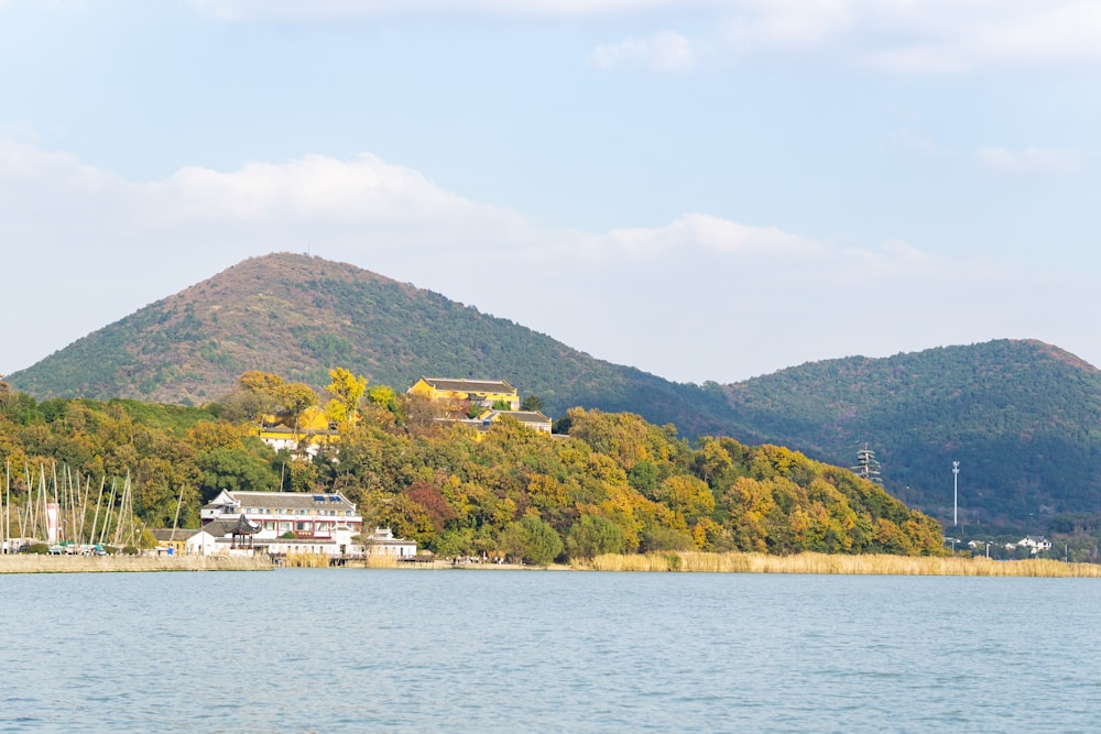 a large body of water with a house on a hill in the background