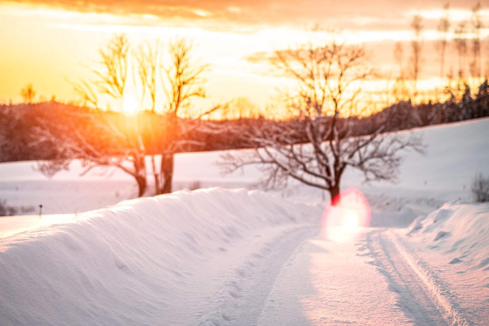 a person riding a snowboard down a snow covered road