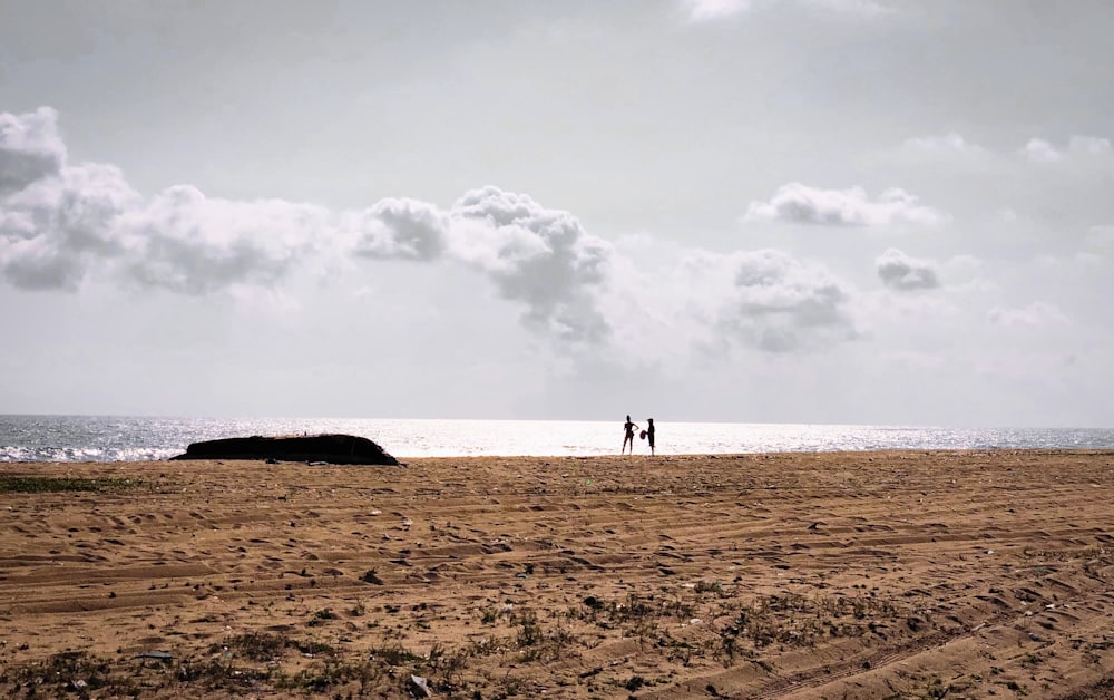 two people standing on a beach near the ocean
