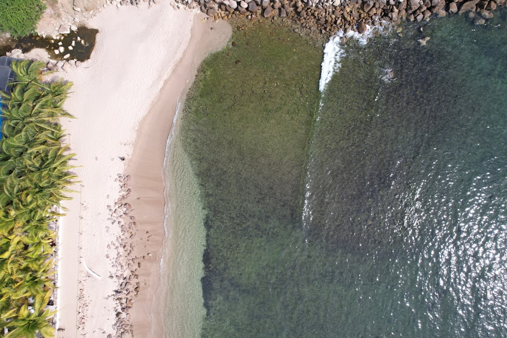 an aerial view of a beach and a body of water