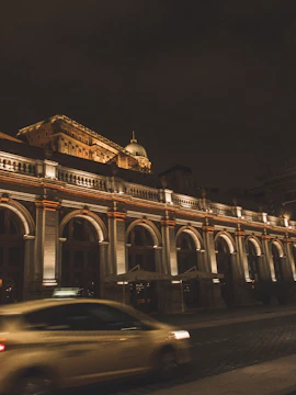 A government building filmed at dusk with cinematic lighting and dynamic contrast