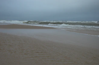 a sandy beach with waves coming in to shore