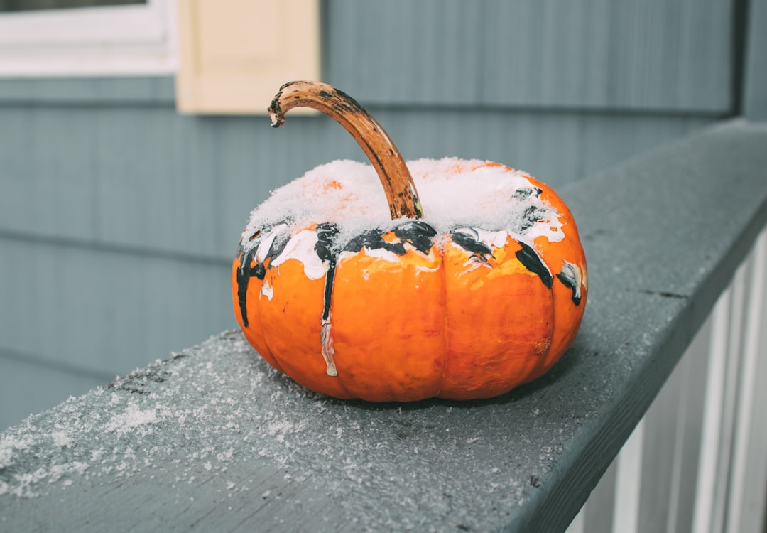 a painted pumpkin sitting on a porch railing,